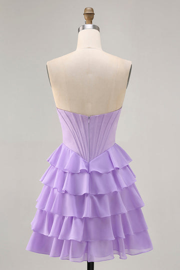 Strapless Purple Tiered Corset A Line Cocktail Dress
